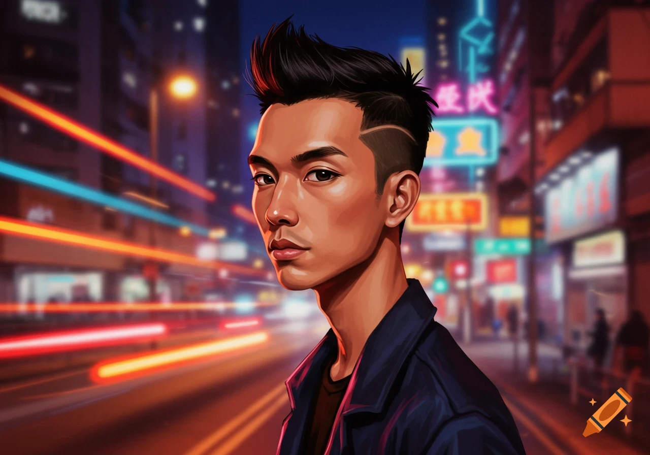 Stylized portrait of a man with a fade haircut and spiky top, in a neon-lit city at night with light trails.