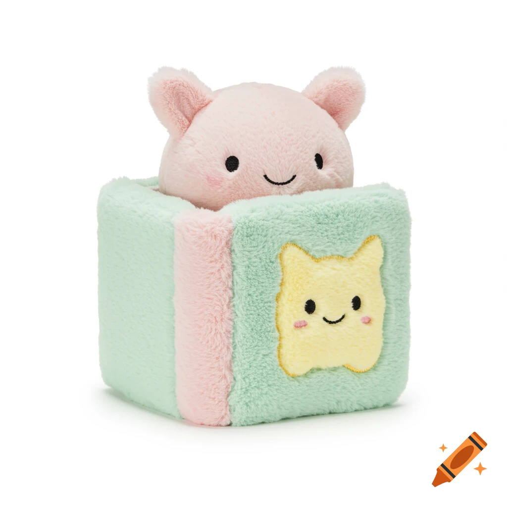 A pink plush toy with a smiling face peeks from a pastel green plush book with a smiling yellow face.