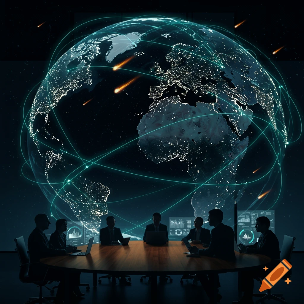 Silhouetted figures at a large table in a dark room with a glowing global network projection behind them.