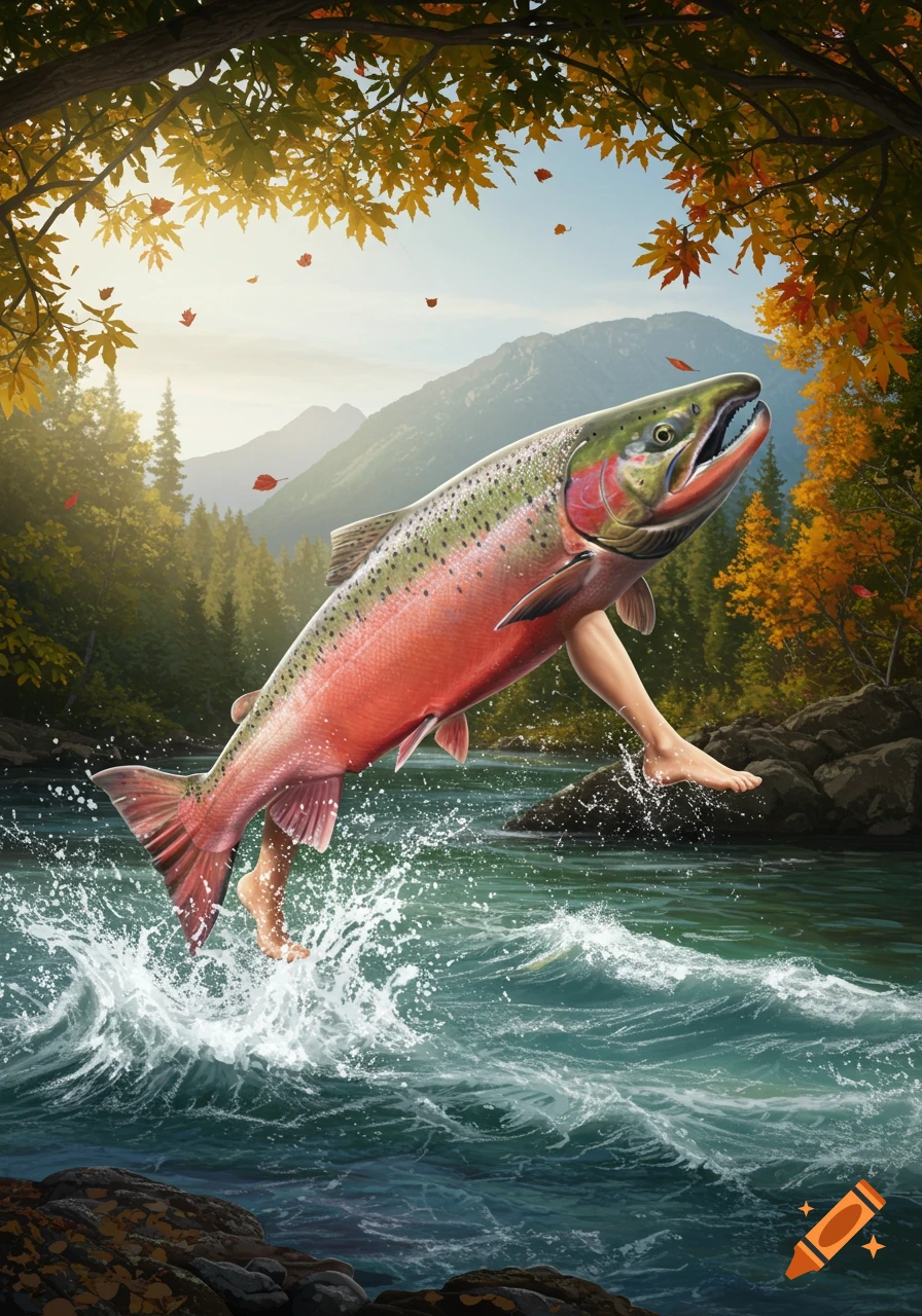A large salmon with human legs leaps out of a river, surrounded by autumn foliage and mountains under a bright sky.