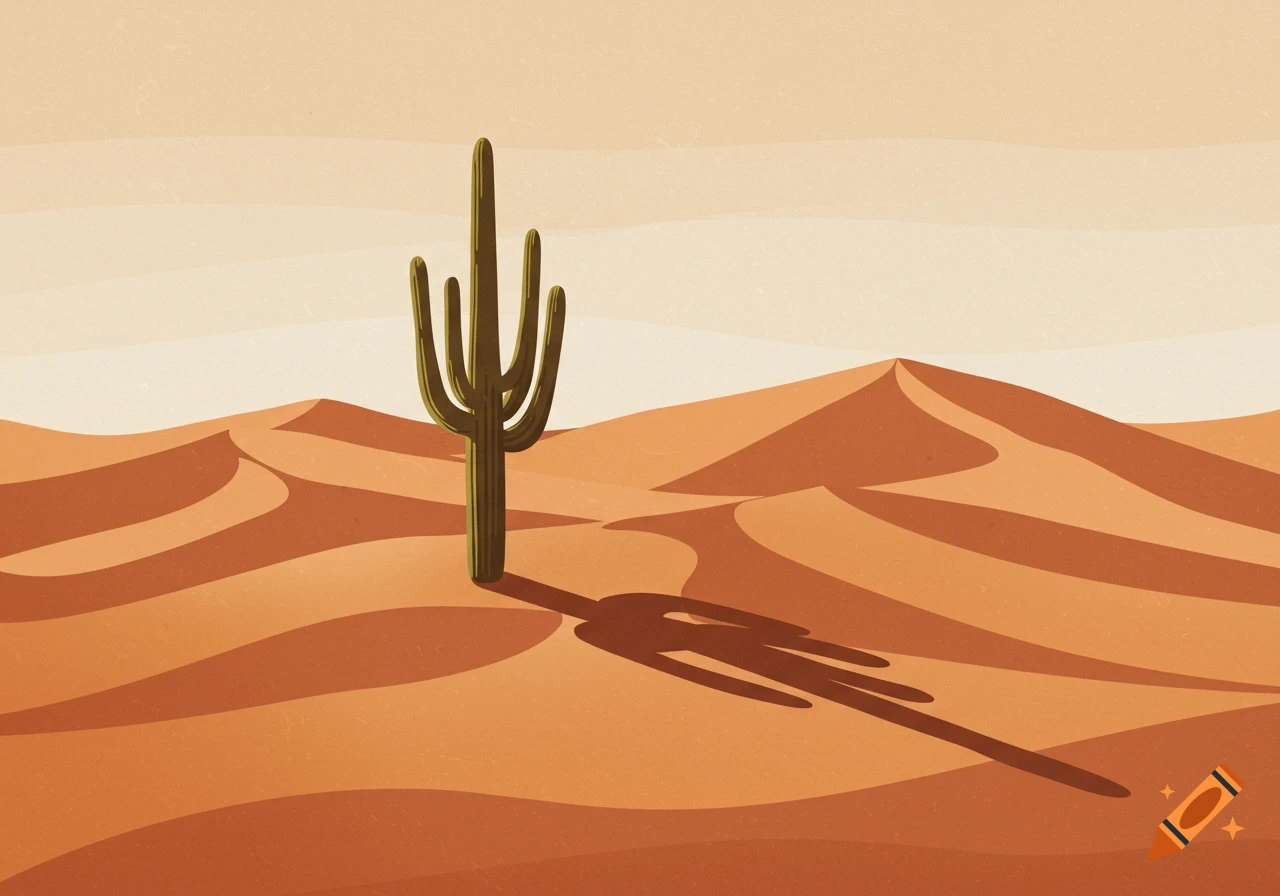 Minimalist illustration of a saguaro cactus casting a long shadow across warm-toned desert dunes.