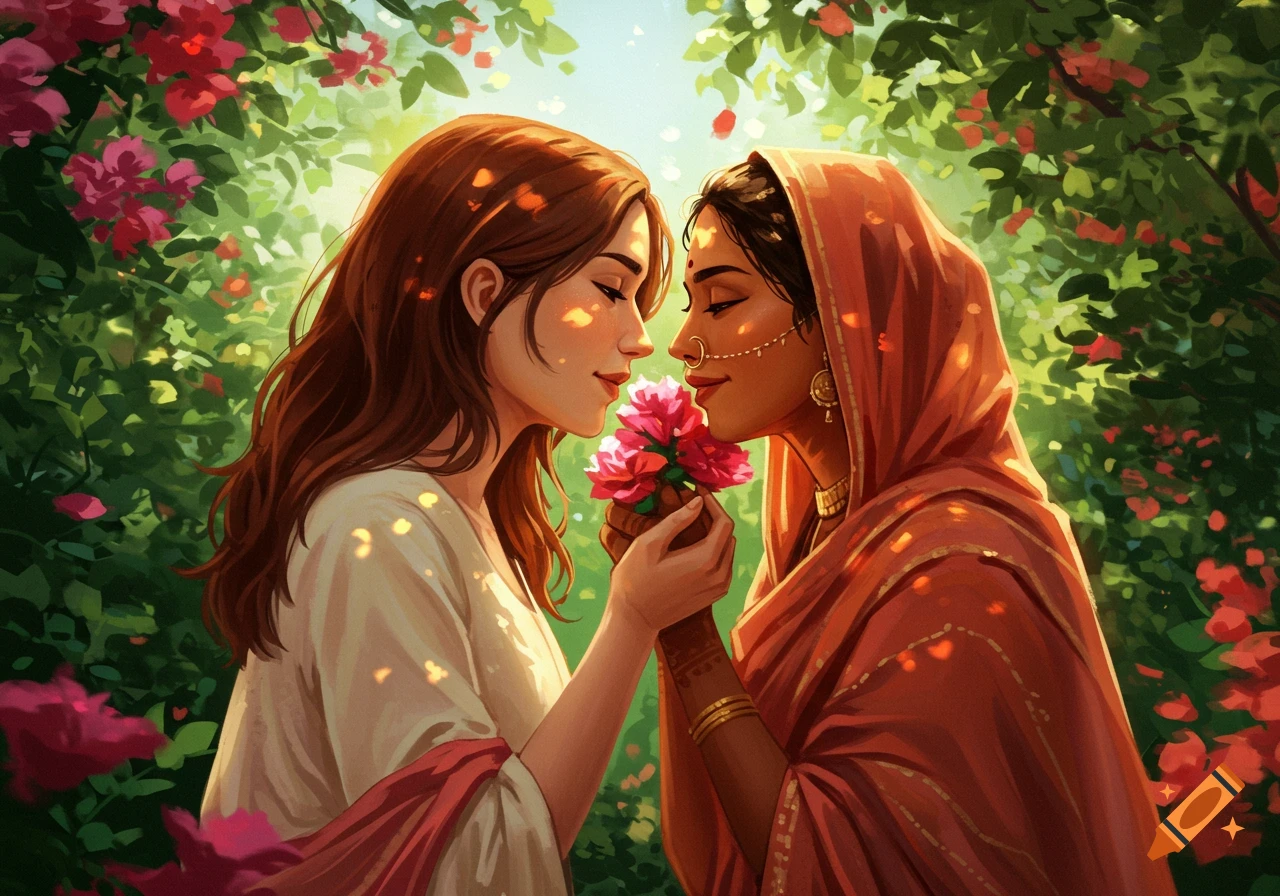 Two women, one white with brown hair and one Indian in a sari, share an intimate moment smelling pink flowers in a lush garden, digital art style.