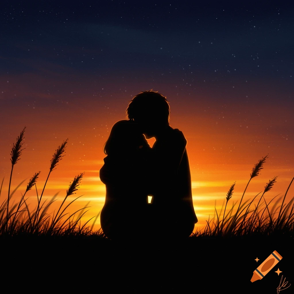 Two people in silhouette embracing against a vibrant sunset sky with stars and tall grass.