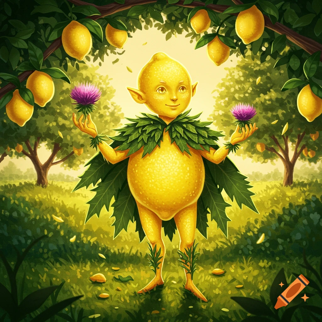 A lemon-shaped character with elf ears and a leaf cape stands in a lemon grove, holding purple thistle flowers.