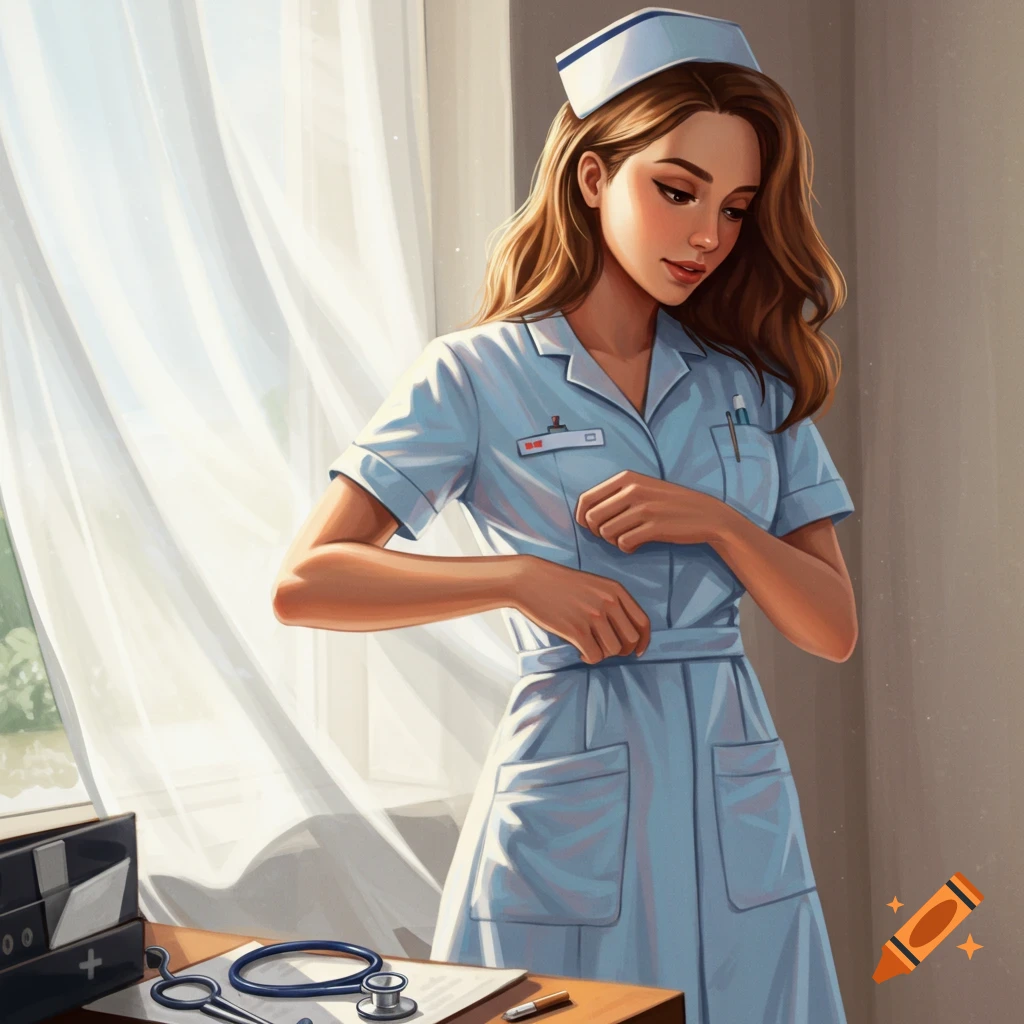 A beautiful nurse in a light blue uniform adjusts her belt in a brightly lit room.