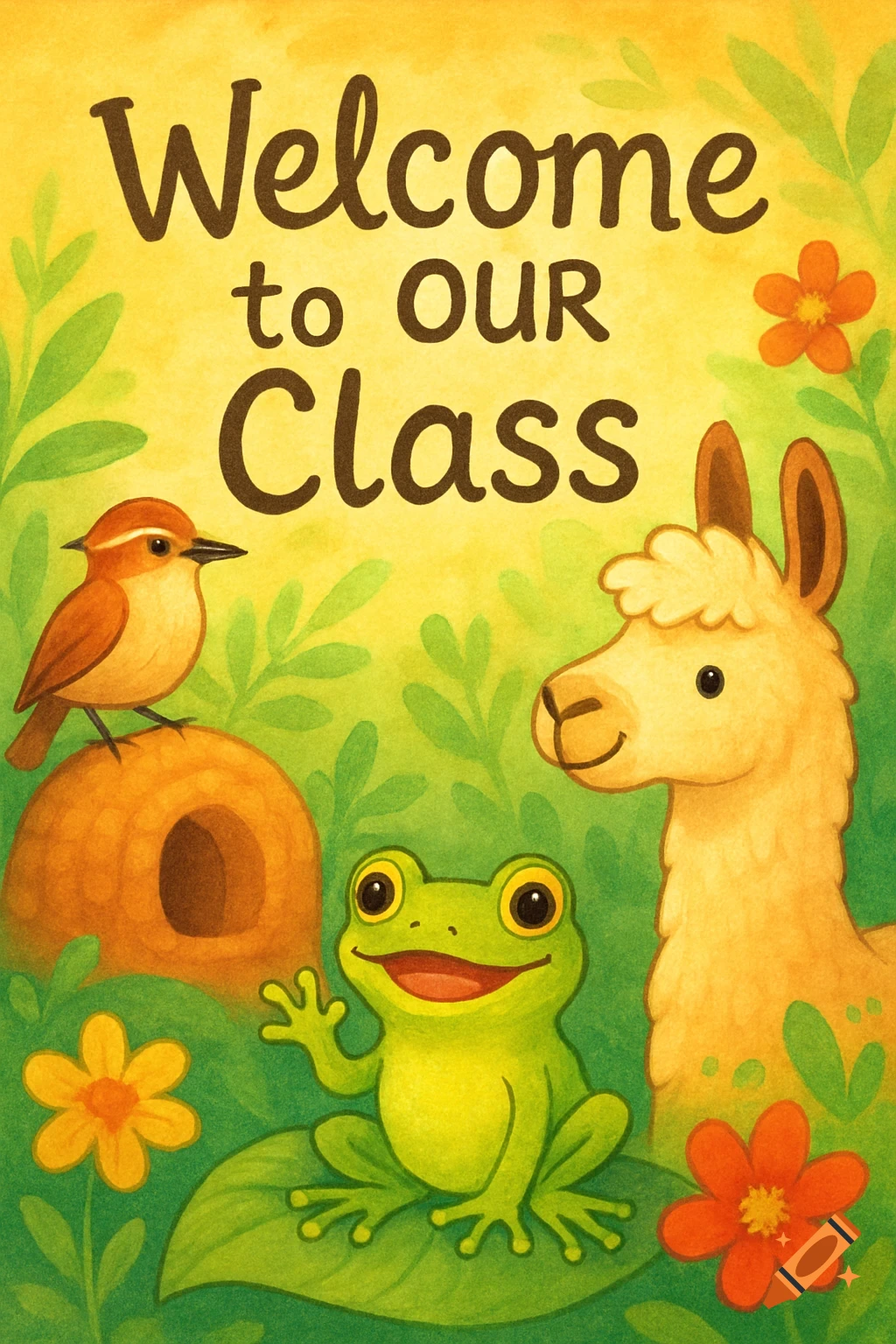 Colorful illustration of a happy frog, a small bird, and a llama in a jungle, with the text 'Welcome to OUR Class'.
