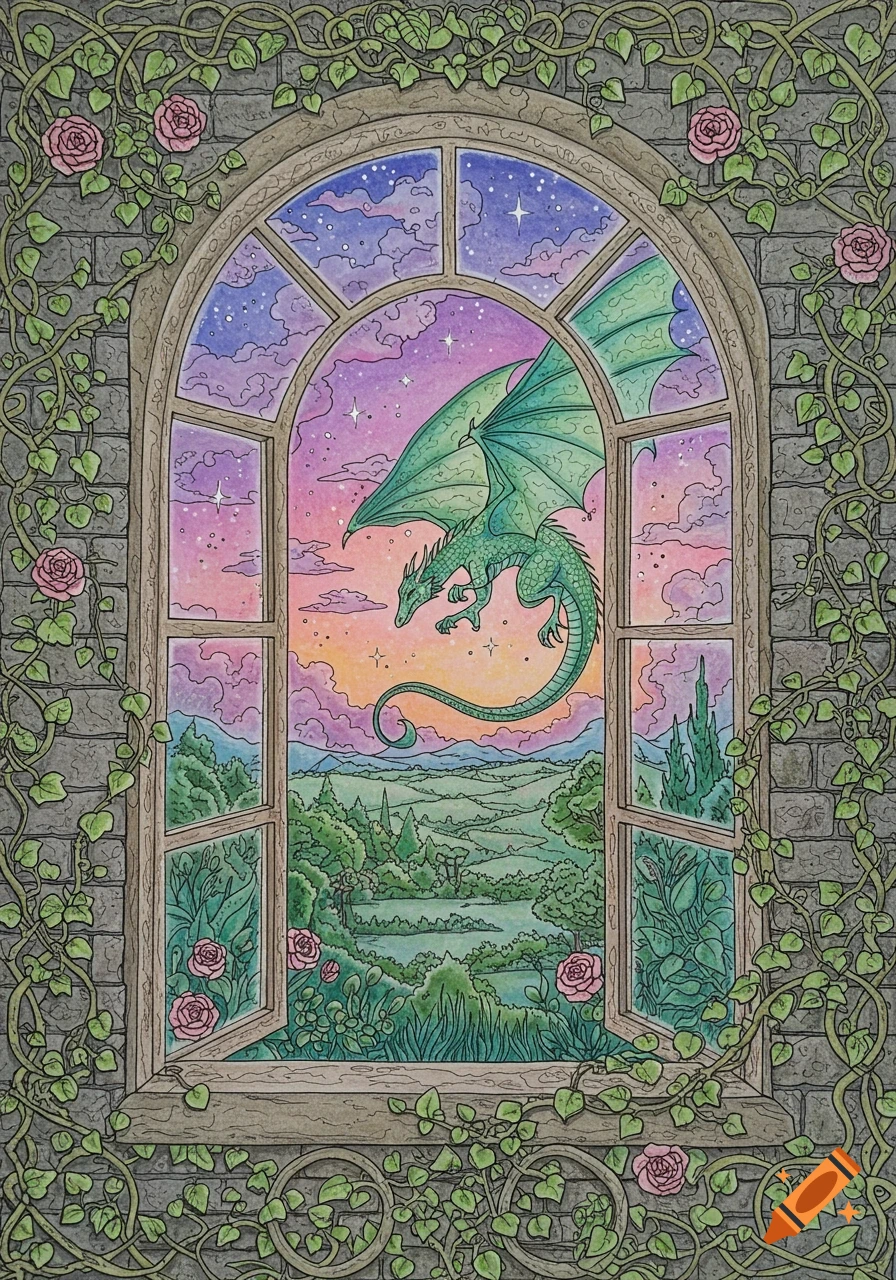 A green dragon flies outside a stone window surrounded by vines and pink roses, overlooking a colorful, starry landscape in a coloring page style.