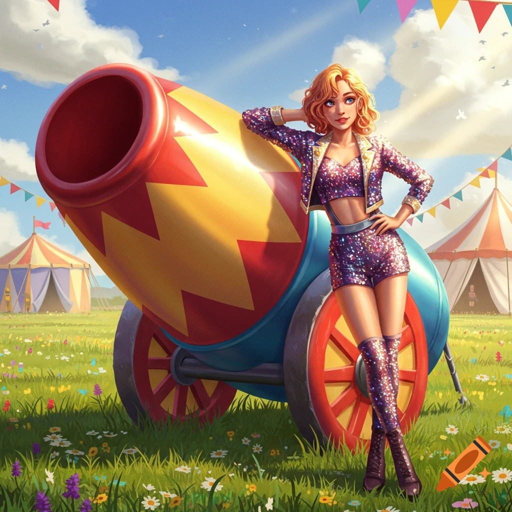A vibrant illustration of a woman in a sparkly purple outfit leaning against a large, colorful circus cannon in a grassy field.