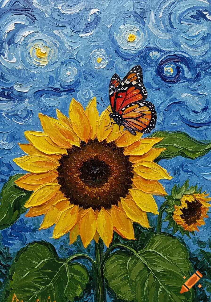 An oil painting in the style of Van Gogh, featuring a vibrant sunflower with a monarch butterfly perched on it, against a swirling blue sky.