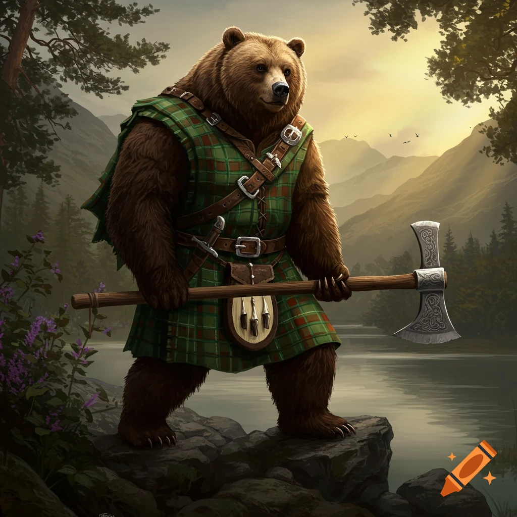 A brown bear wearing a green plaid kilt stands on rocks by a lake, holding a large axe, in a digital painting.