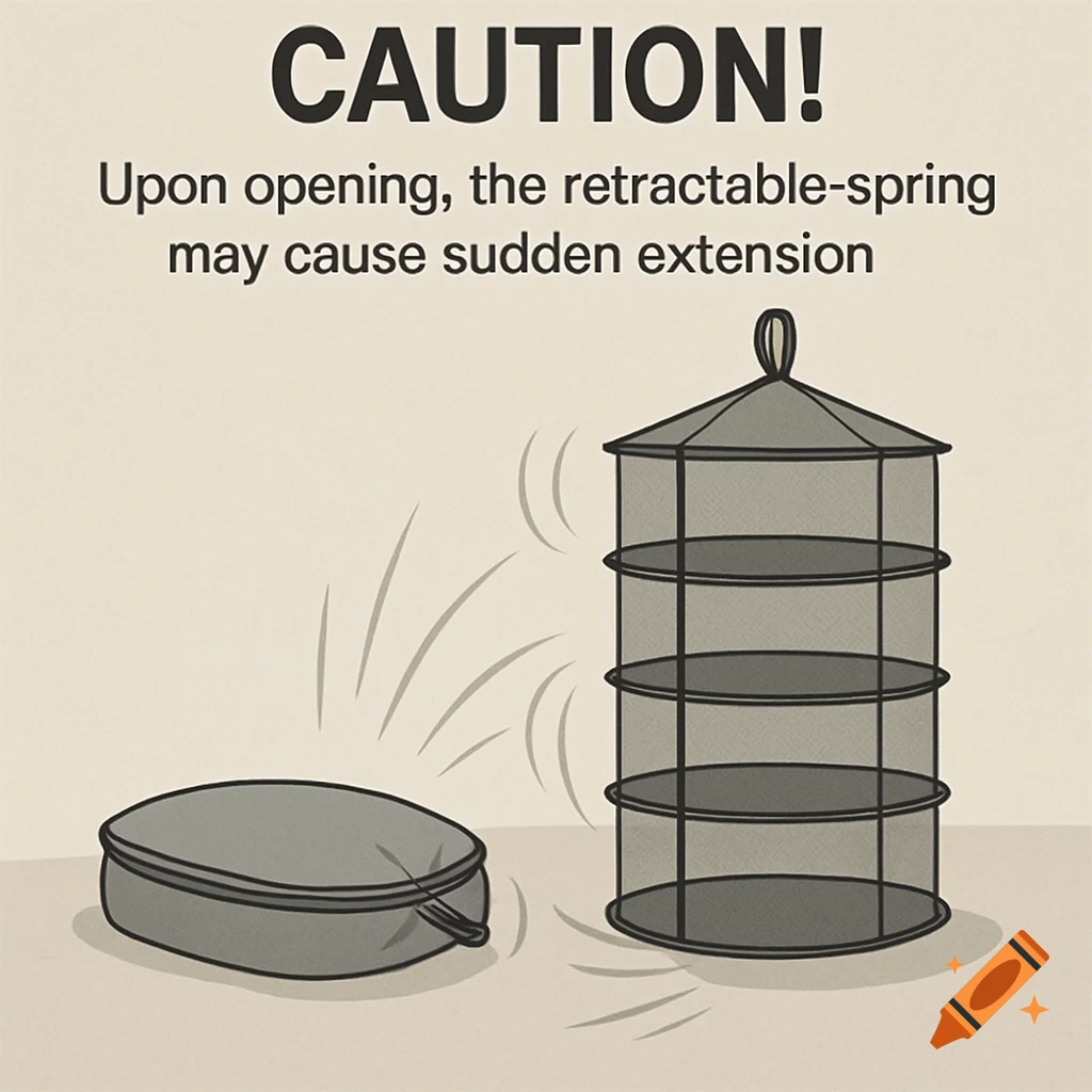 An illustration showing a folded gray mesh drying rack next to an unfolded four-tier mesh drying rack, with "CAUTION!" text and a warning about sudden extension.