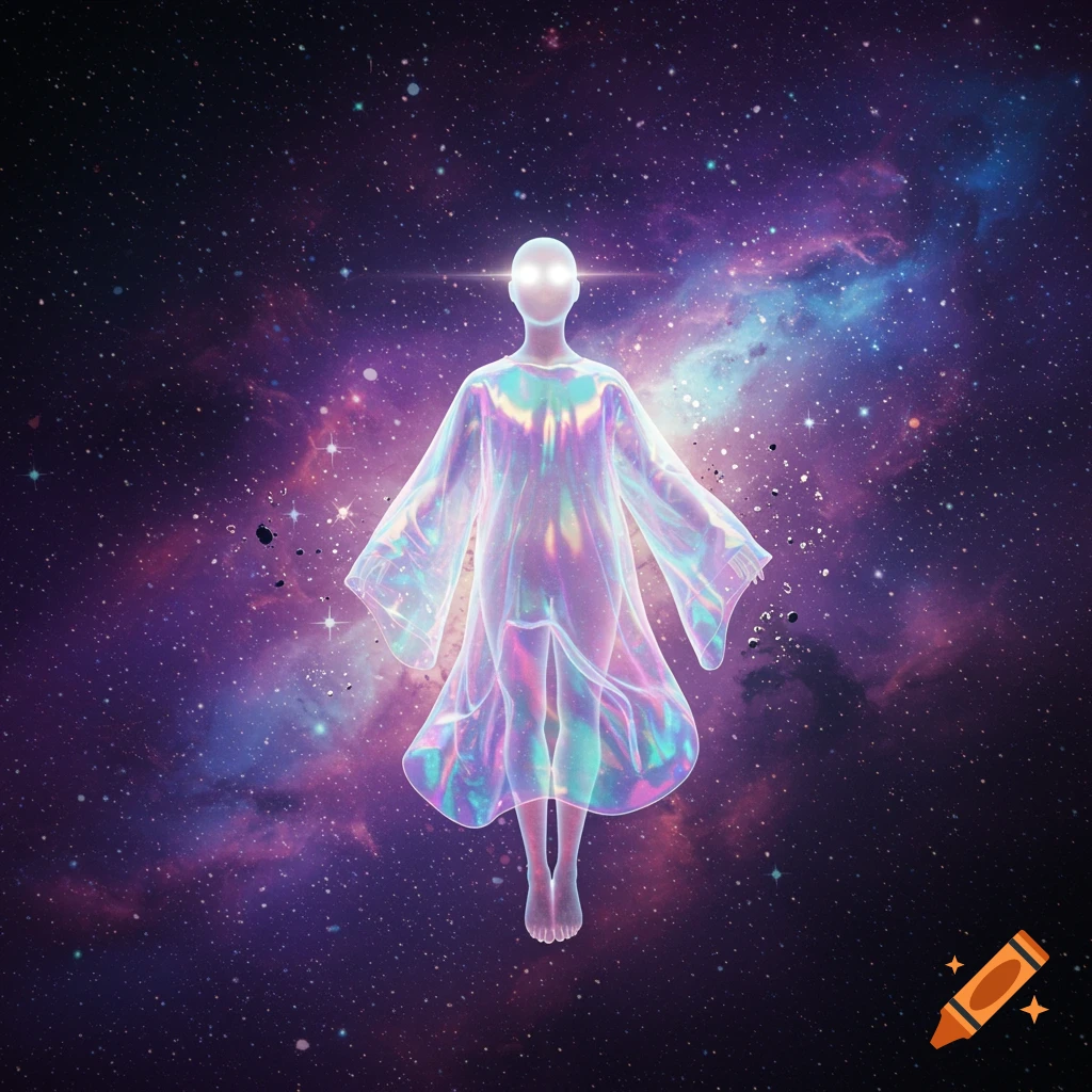 A glowing, translucent figure in a flowing robe floats amidst a colorful nebula and stars in deep space.