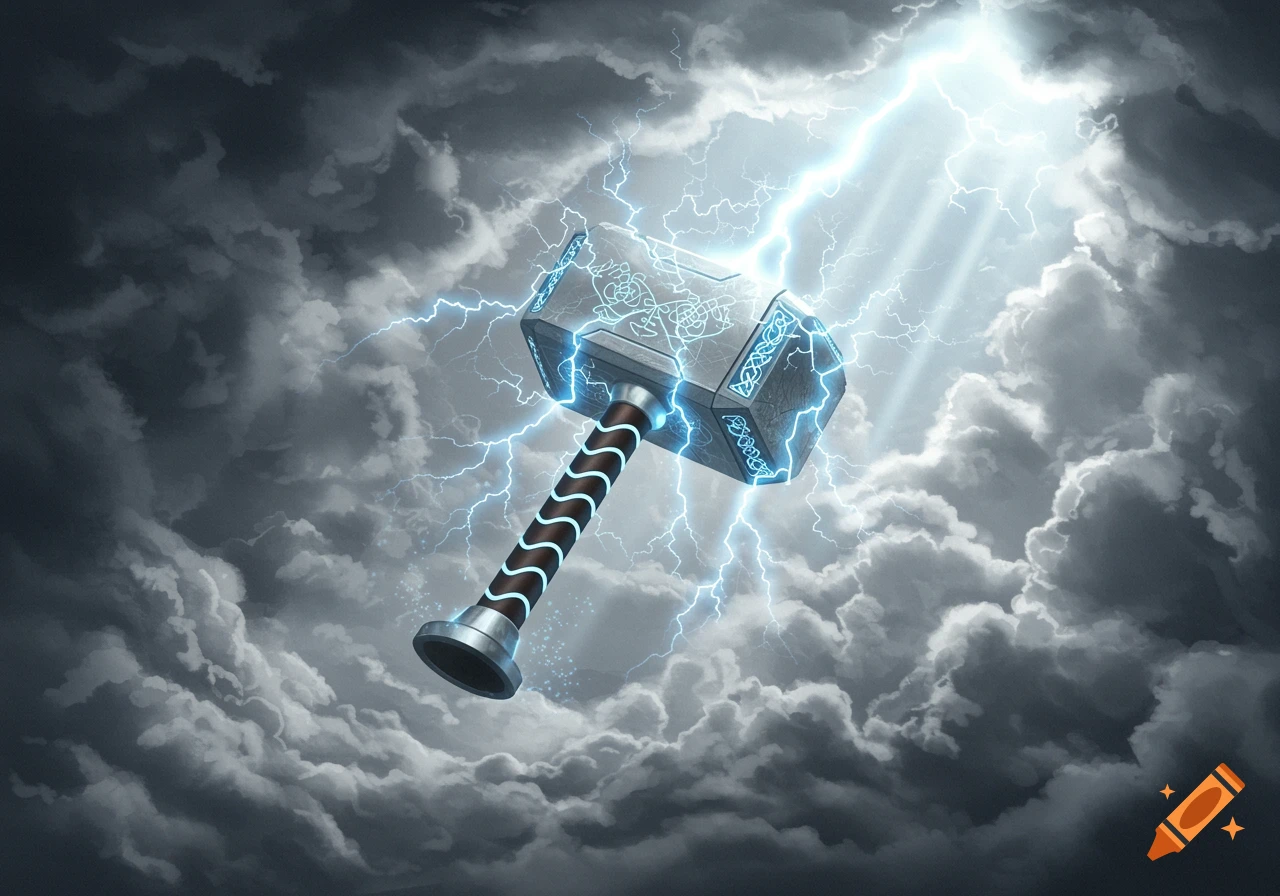 A powerful hammer, resembling Mjolnir, surrounded by bright blue lightning bolts and dark, stormy clouds.