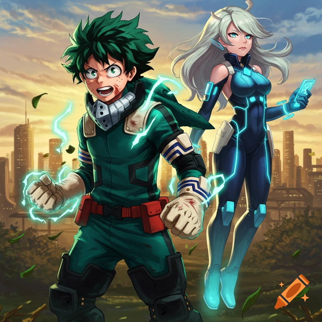 Izuku Midoriya with glowing hands and Rebecca Bluegarden in a blue suit stand heroically against a cityscape at sunset in anime style.