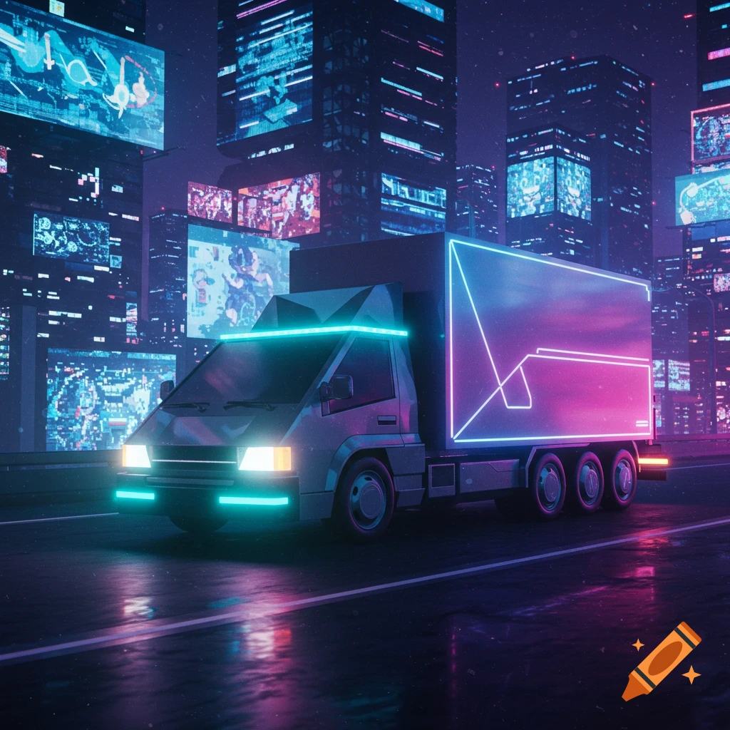 A futuristic cyberpunk truck with neon lights drives through a rainy city at night.