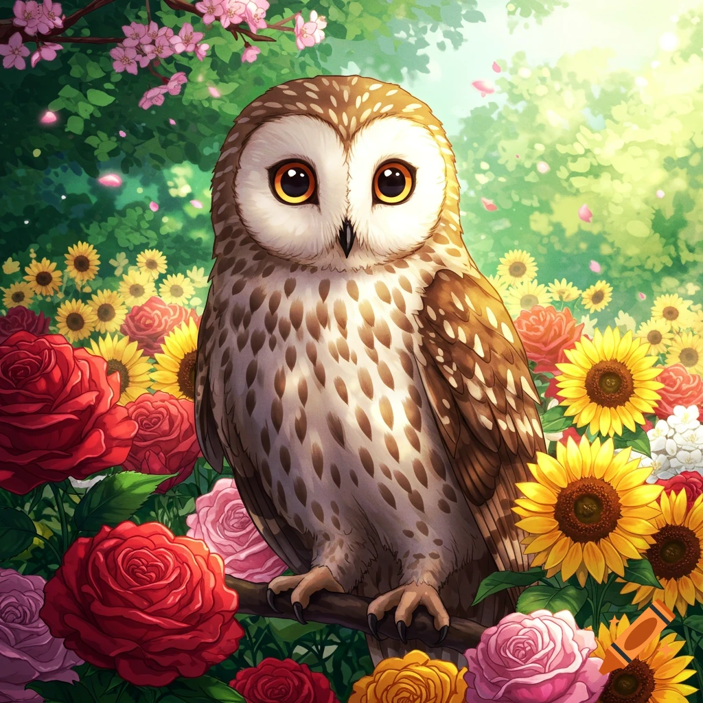 A cute anime owl with large eyes perched on a branch, surrounded by vibrant red roses, yellow sunflowers, and pink cherry blossoms.