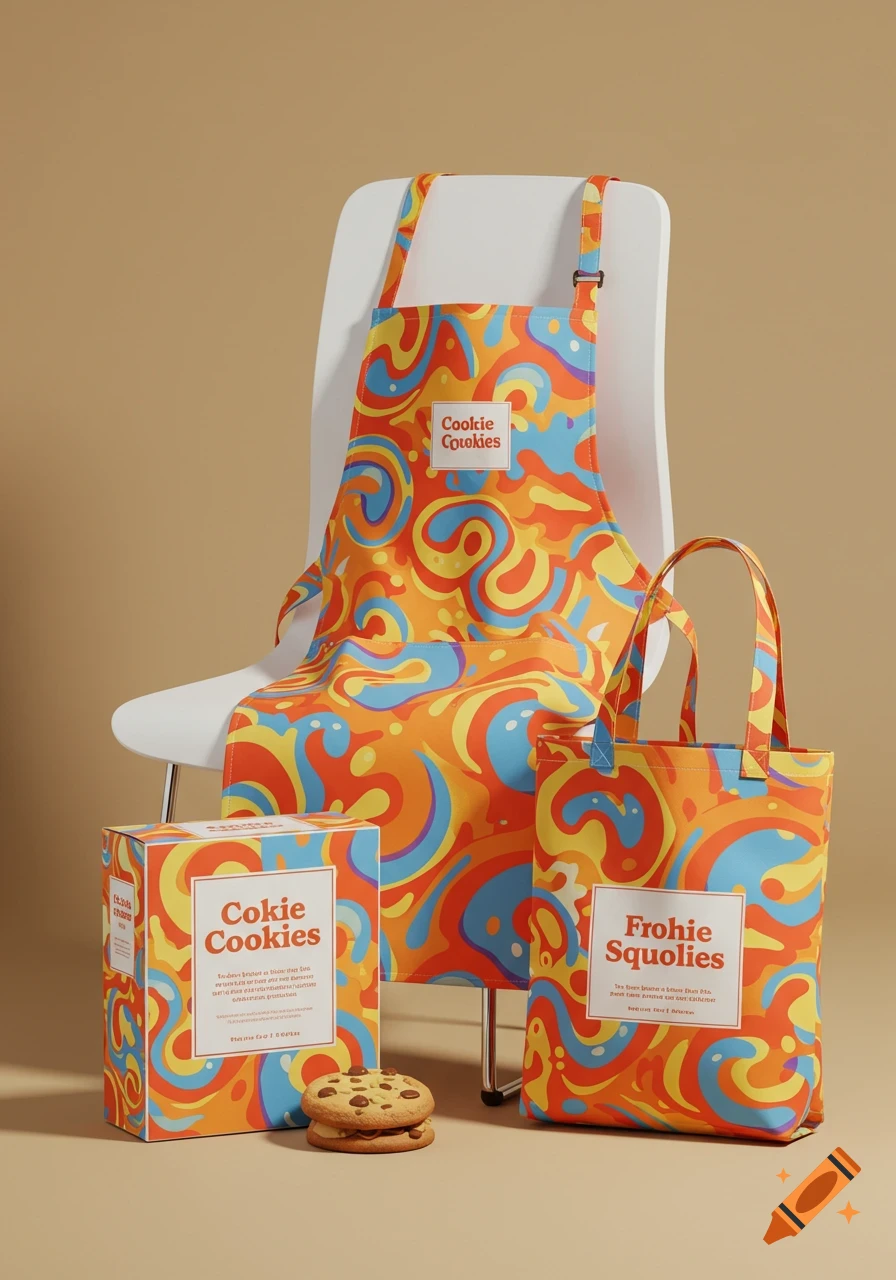 An apron, a tote bag, and a cookie box with a colorful swirl pattern, next to two chocolate chip cookies.