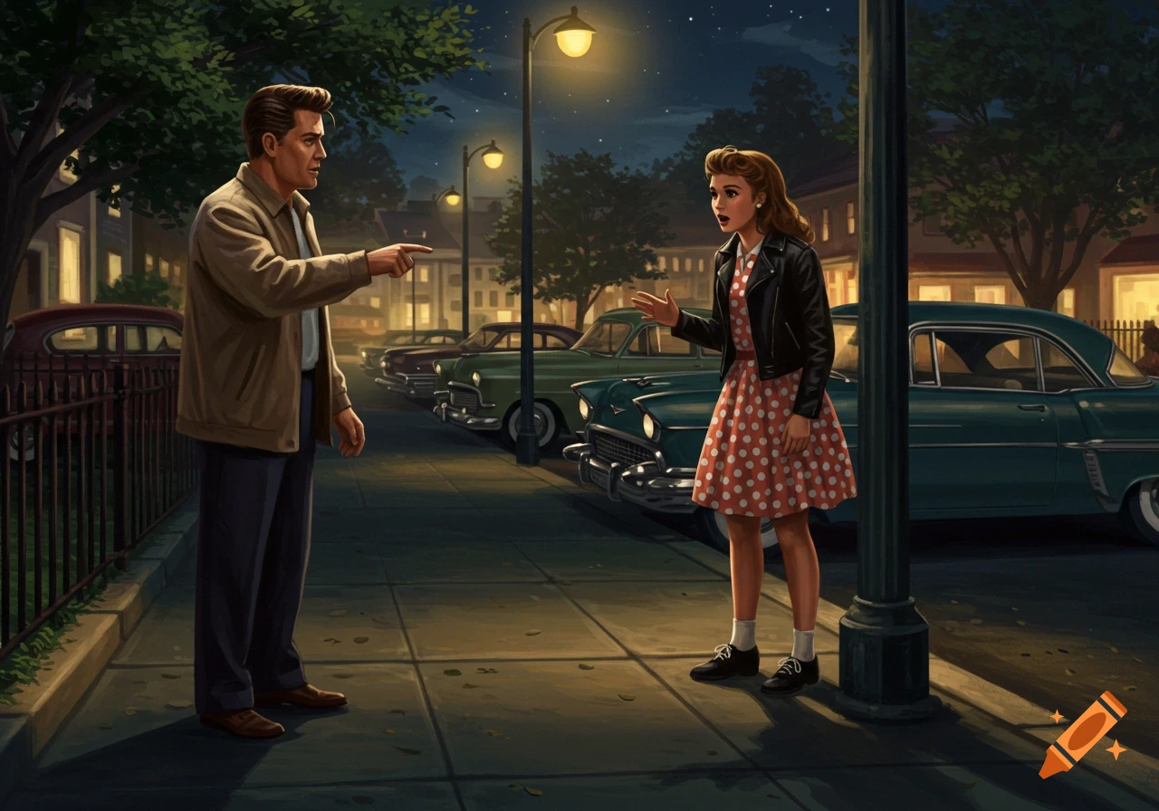 Retro illustration of a man pointing at a surprised young woman on a night street lined with vintage cars.