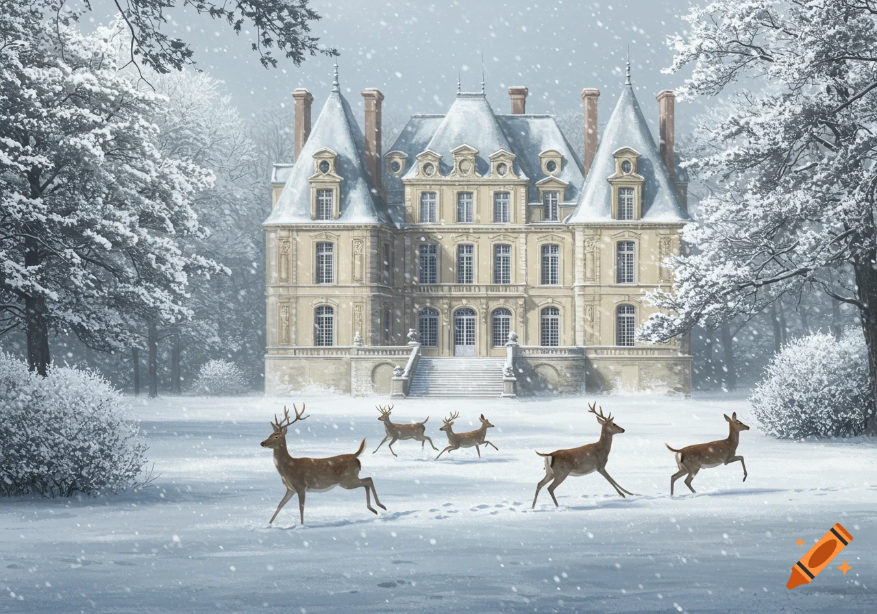 A French chateau in a snowy landscape with deer running in the foreground.