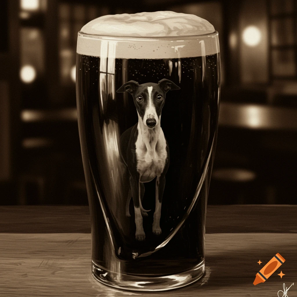 A black and white greyhound dog stands inside a pint glass filled with dark beer, against a blurred bar background in sepia tone.