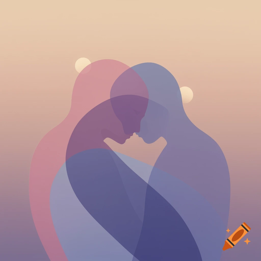 Two abstract, overlapping, translucent figures in pink and blue embrace against a soft gradient background.