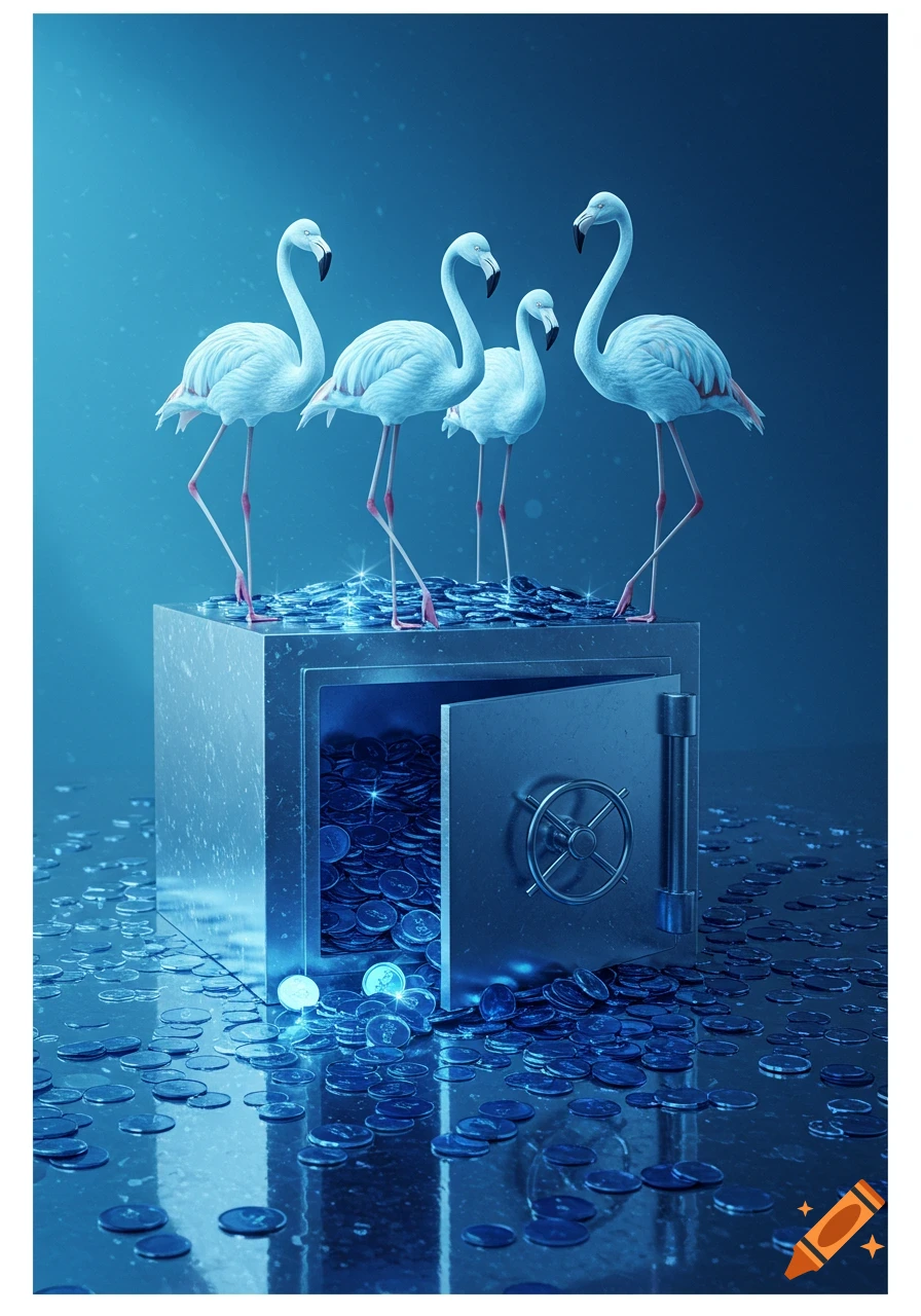 Four light blue flamingos stand on a silver safe overflowing with glowing blue coins, scattered across a reflective floor.