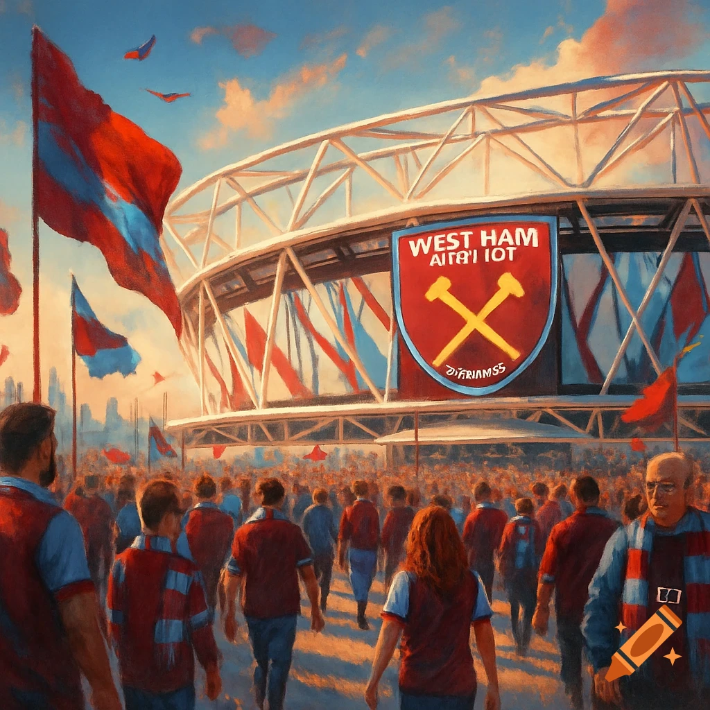 A large crowd of football fans walks toward a stadium with a 'West Ham' crest on its facade, in a painterly style.