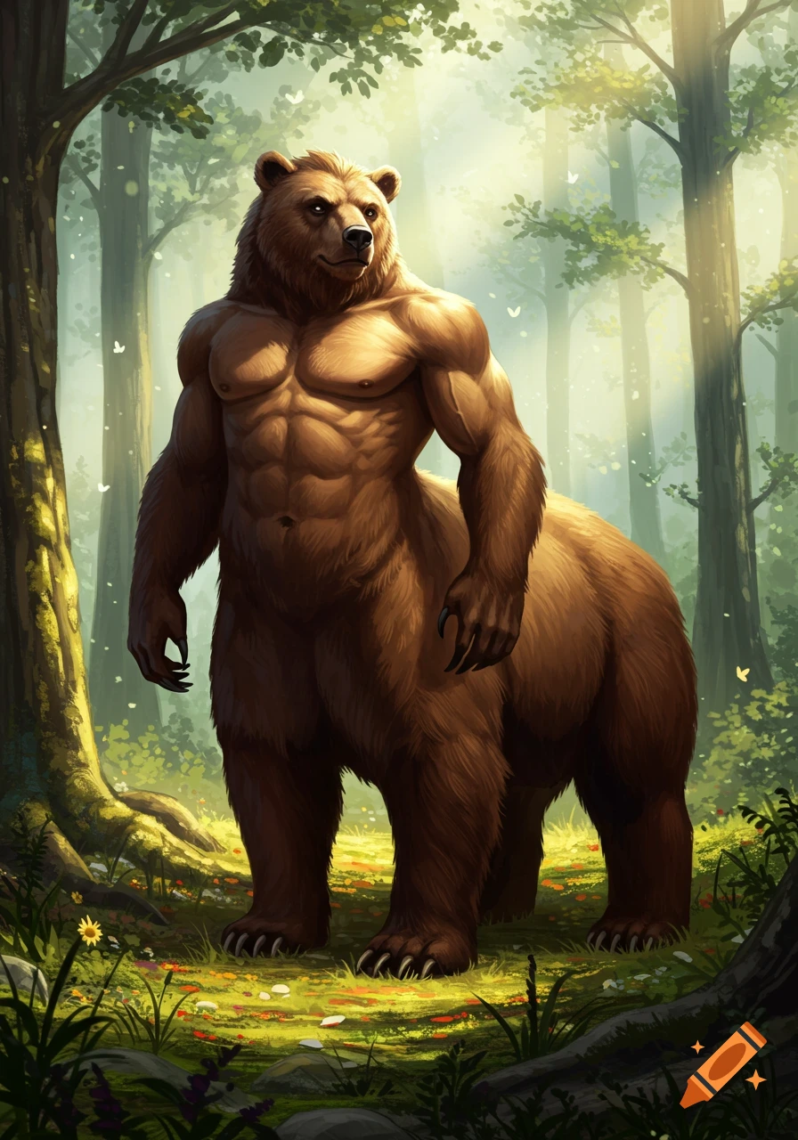 A muscular bear-human hybrid stands in a sun-dappled forest, digital painting style.