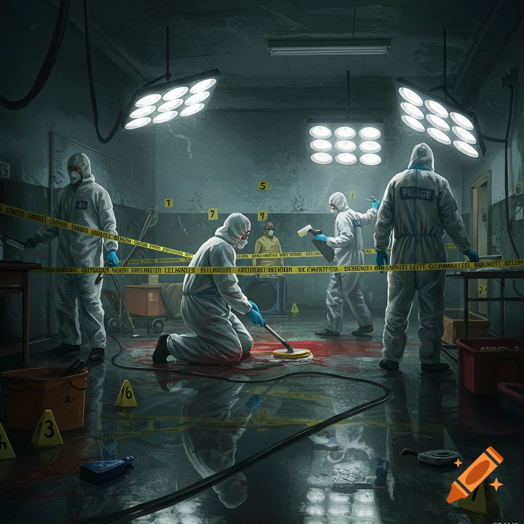 Photorealistic illustration of crime scene cleaners in hazmat suits mopping blood, surrounded by evidence markers and yellow tape.