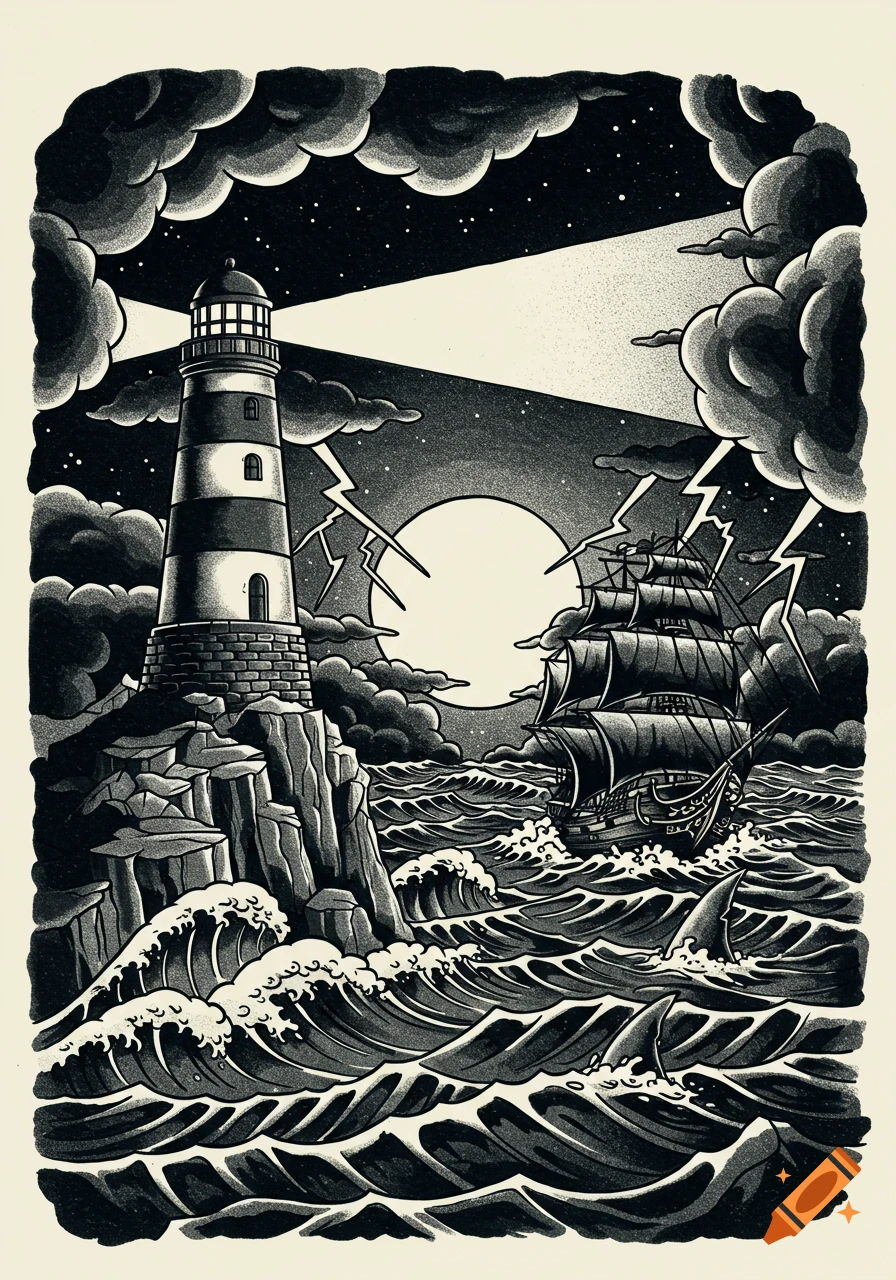 A stormy night illustration in tattoo art style featuring a lighthouse on rocks, a ship in rough seas, lightning, and shark fins.