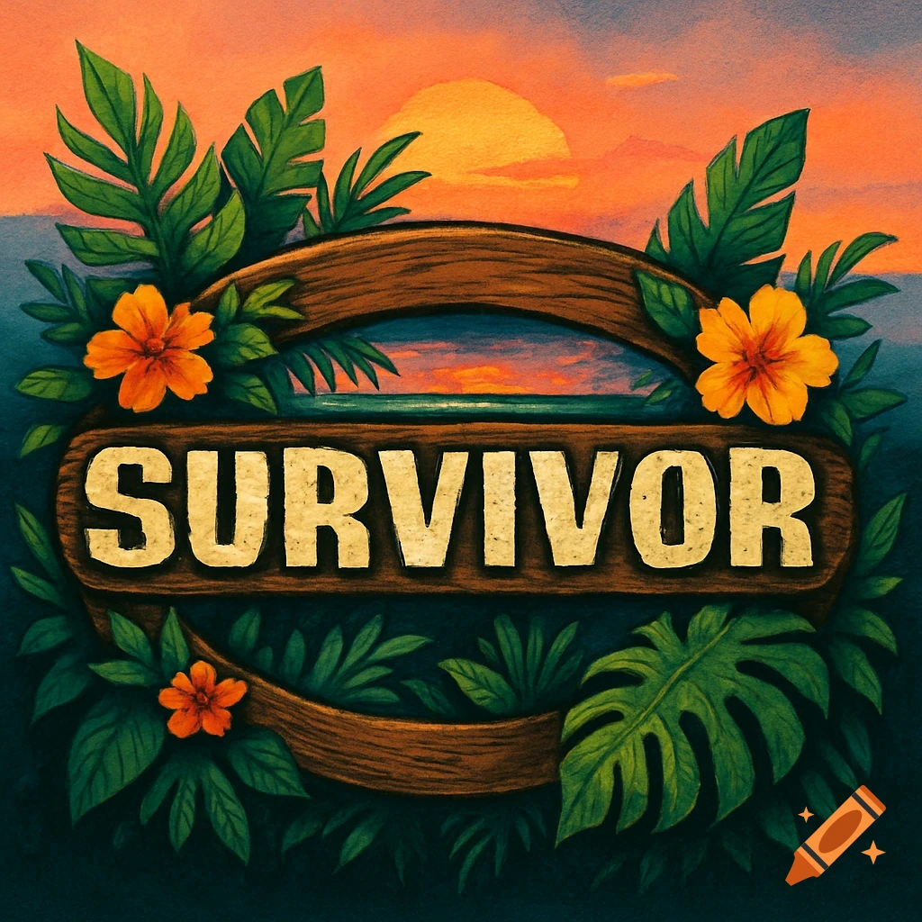 A tropical logo for 'SURVIVOR' featuring the word on a wooden sign, surrounded by green leaves and orange flowers, with a sunset over the ocean in the background.