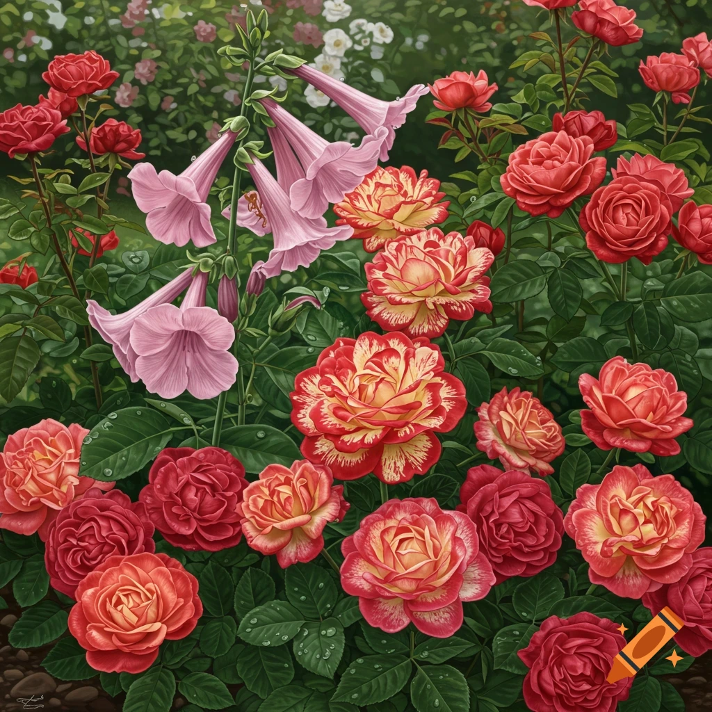 A vibrant illustration of a lush garden filled with red, yellow, and pink roses and tall pink bell-shaped flowers among green leaves, some with water droplets.