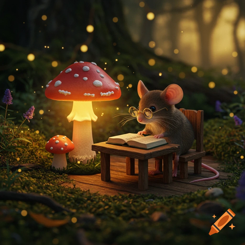 A small mouse with glasses sits at a wooden table in a mossy forest, reading a book under a glowing toadstool lamp.