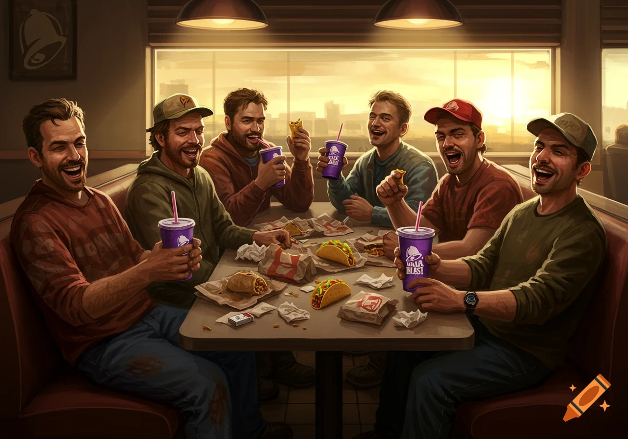 Six men sit around a table at a Taco Bell, laughing and eating tacos, burritos, and drinking Baja Blast in the early morning.