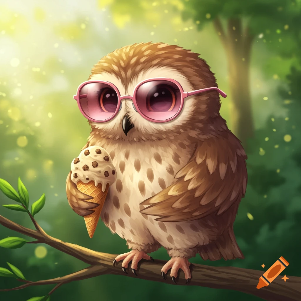 A cute brown owl wearing pink sunglasses sits on a branch, holding a cookie dough ice cream cone in a sunlit forest.