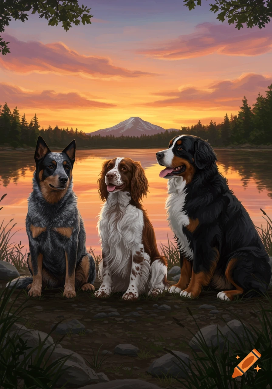 An Australian Cattle Dog, a Springer Spaniel, and a Bernese Mountain Dog sit by a lake at sunset with a mountain backdrop. Digital art.