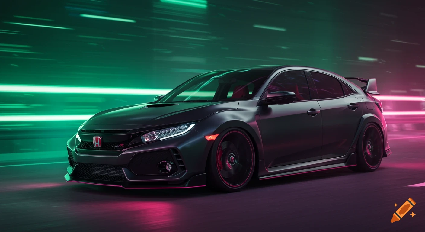 A matte black Honda Civic Type R with pink accents drives on a road, illuminated by blurred green and pink neon lights.