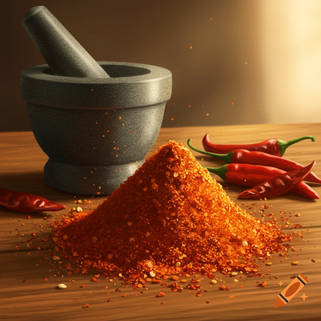 A pile of vibrant red chili powder on a wooden surface, with fresh red chili peppers and a mortar and pestle in the background. Photorealistic style.