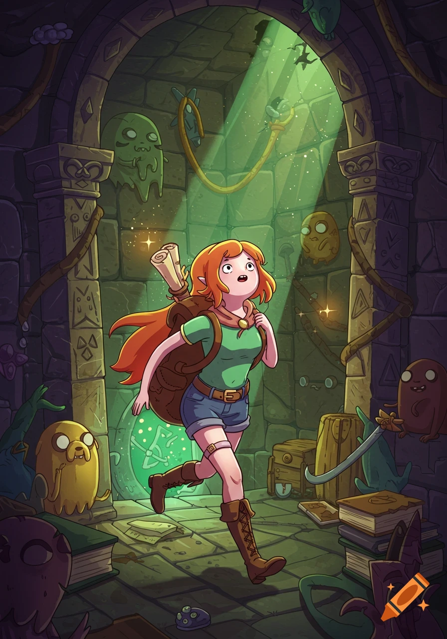A female adventurer with red hair and a backpack runs through a green-lit stone dungeon, encountering strange creatures in an Adventure Time style.