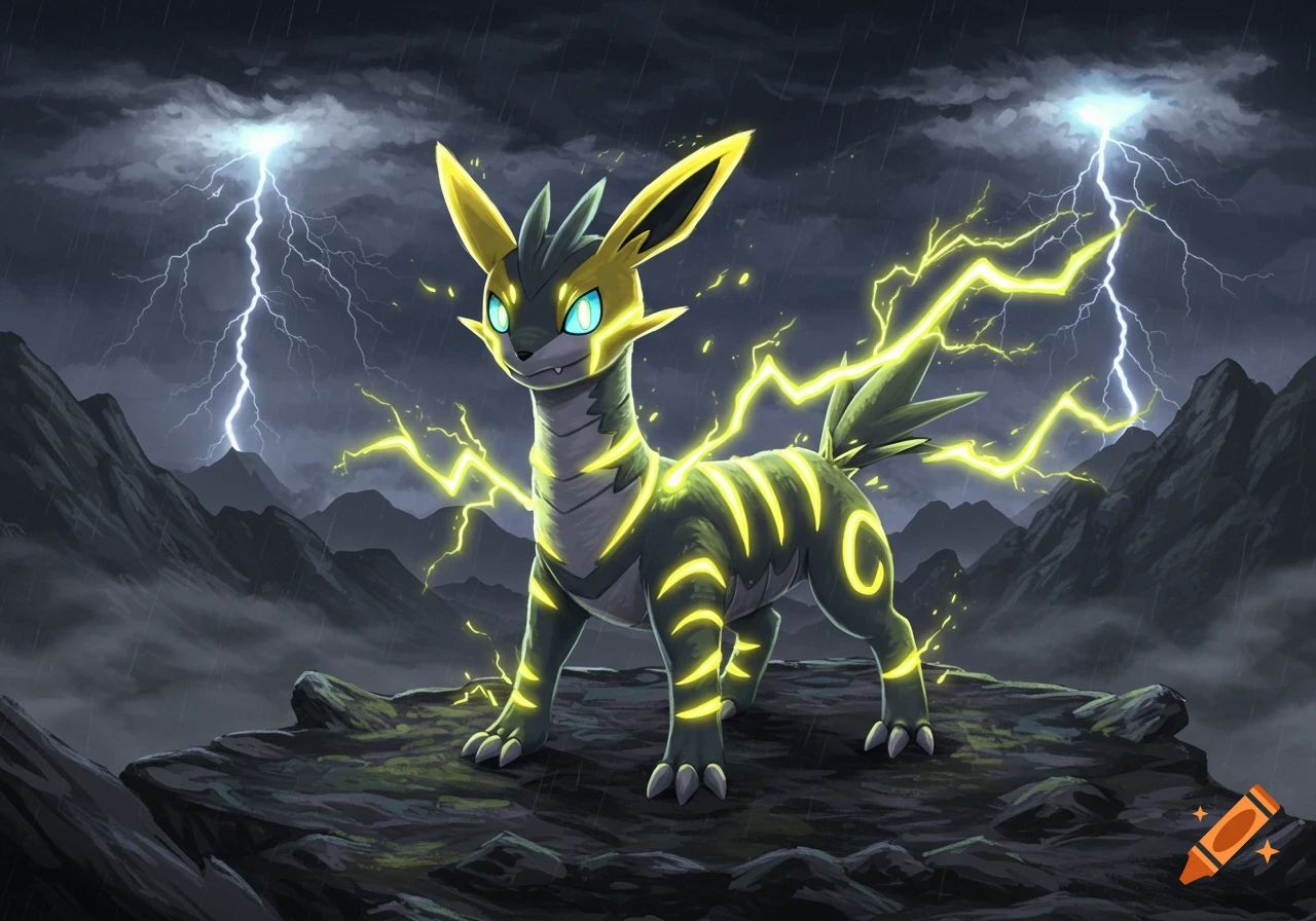 An electric-type Pokémon-like creature with glowing yellow patterns stands on a rocky mountain as lightning strikes in a stormy sky.