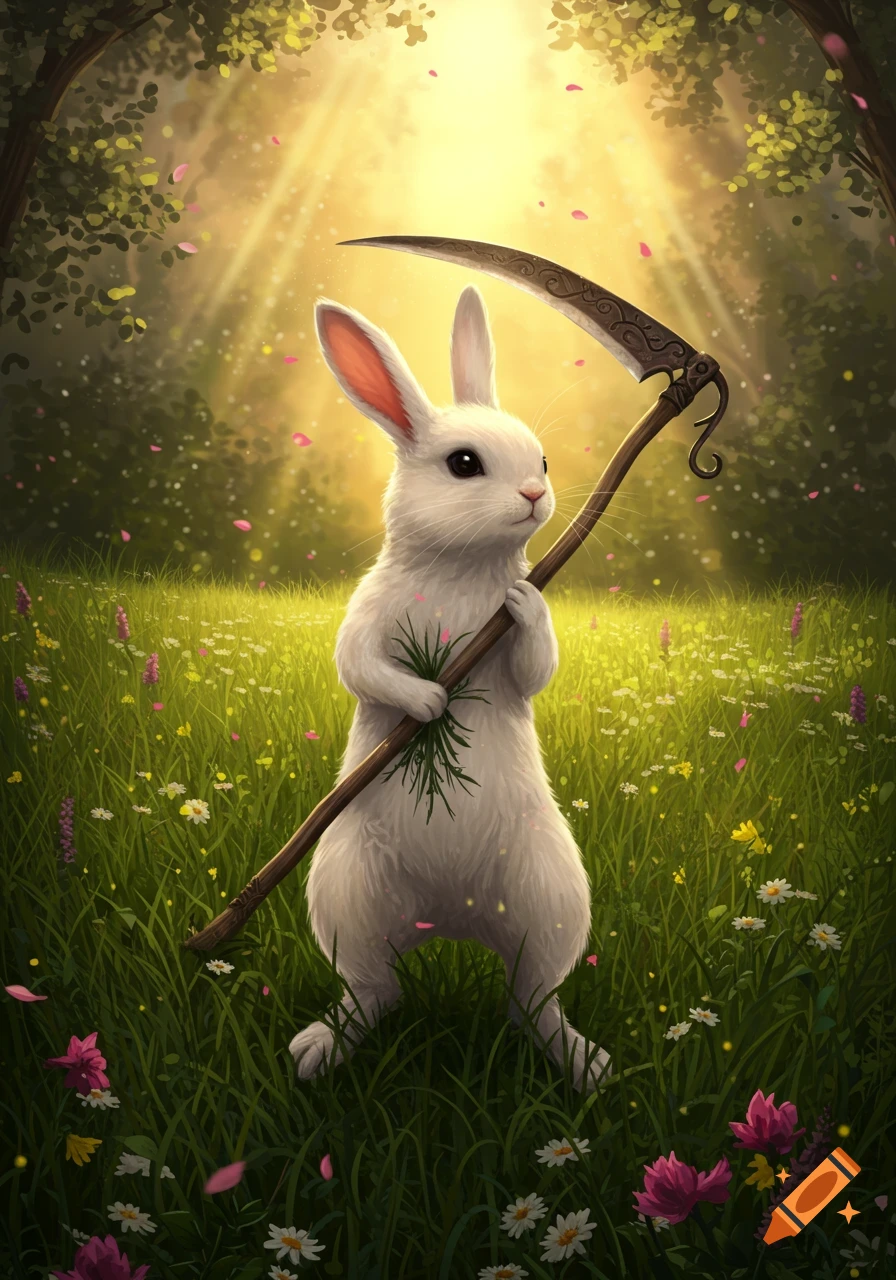 A cute white rabbit stands upright in a sunlit, flowery meadow, holding a large ornate scythe. Illustrated.
