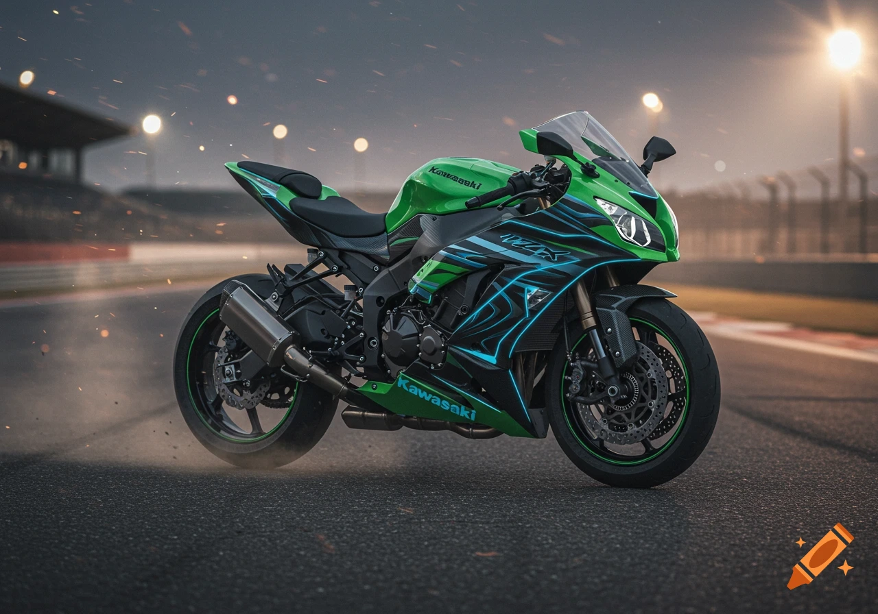 Photorealistic image of a vibrant green and black Kawasaki sportbike with blue neon accents on a racetrack at dusk.