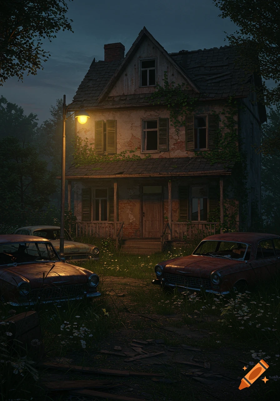 An old, neglected house with a street lamp illuminating overgrown foliage and several rusty, abandoned cars on a dirt driveway at dusk, in a photorealistic style.