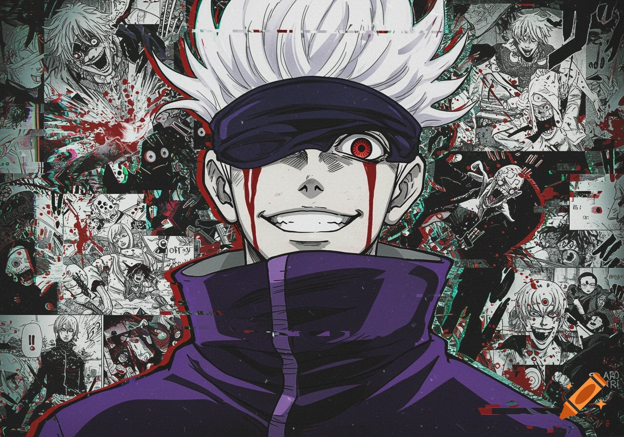 Close-up of anime character Gojo Satoru with white hair and a blindfold, smiling with blood dripping from his eye, over a chaotic collage of black-and-white manga panels with red blood splatters and glitch effects.