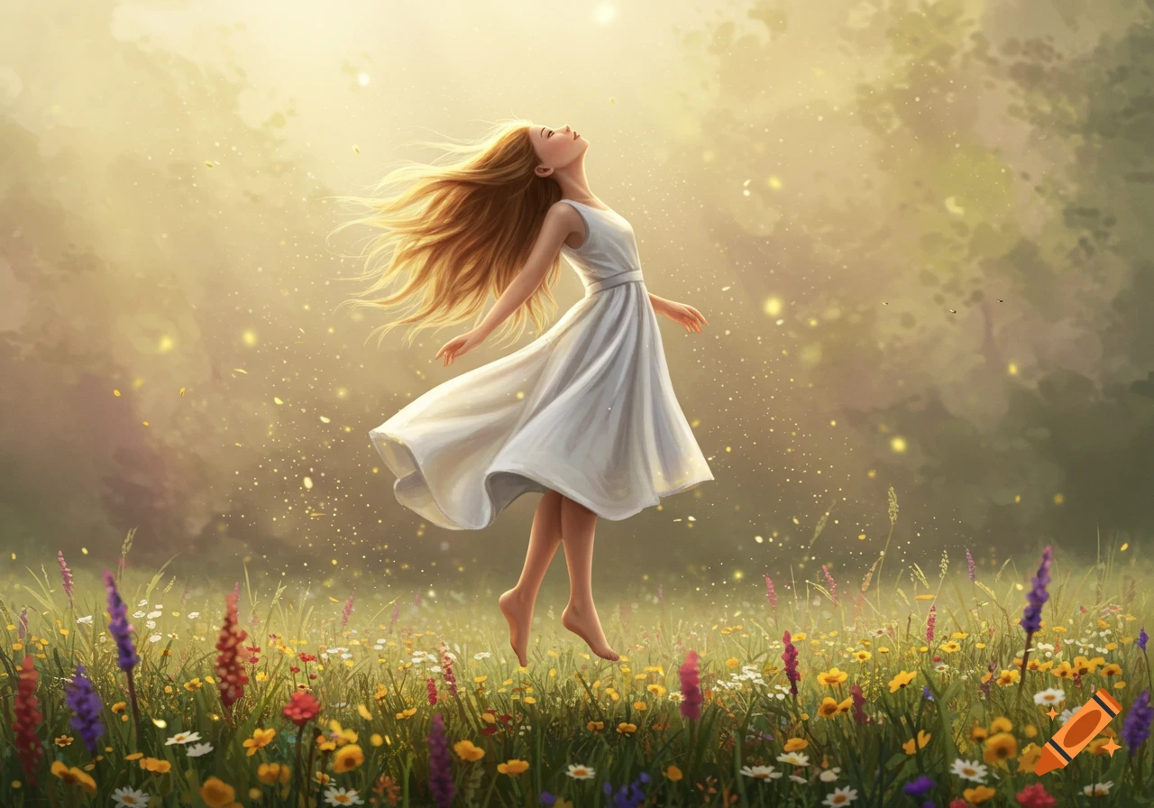 A digital painting of a girl levitating gracefully in a sunlit field of wildflowers, her long hair flowing, amidst glowing particles.