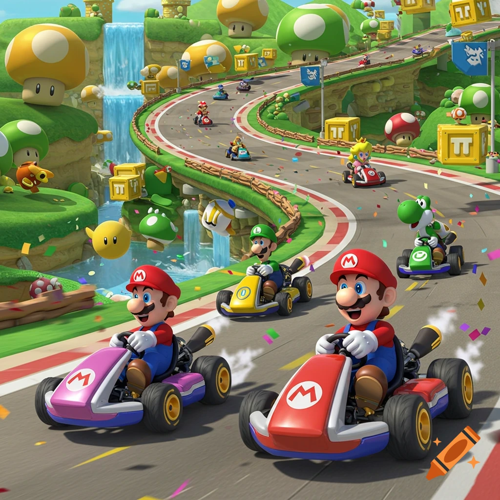 Mario, Luigi, Princess Peach, and Yoshi race go-karts on a colorful Mario Kart track with waterfalls and mushroom obstacles.