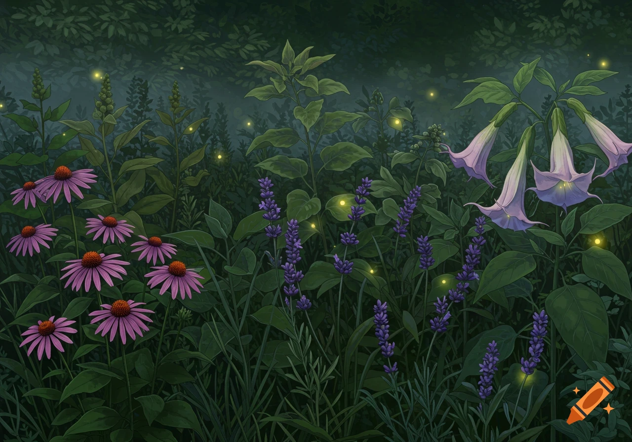 An illustration of purple Echinacea and lavender flowers with large bell-shaped Datura blooms in a dark, lush forest, illuminated by glowing fireflies.
