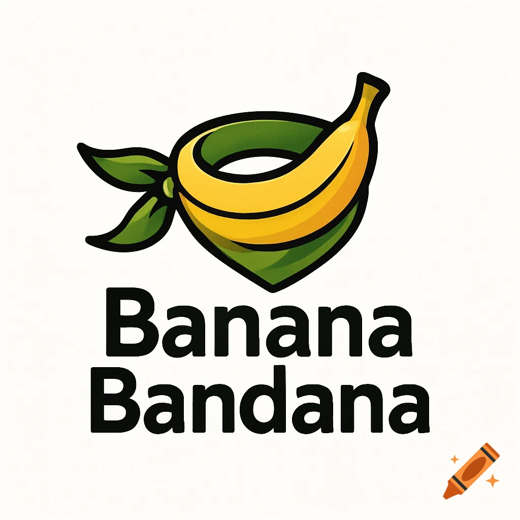 A business logo featuring a yellow banana wrapped in a green bandana, with the text 'Banana Bandana' below.