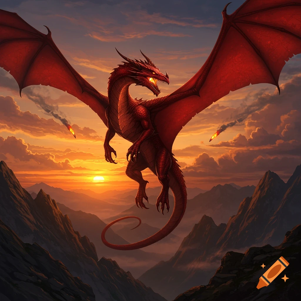 A powerful red dragon with large wings flies over a mountainous landscape at sunset, with trails of smoke in the sky.