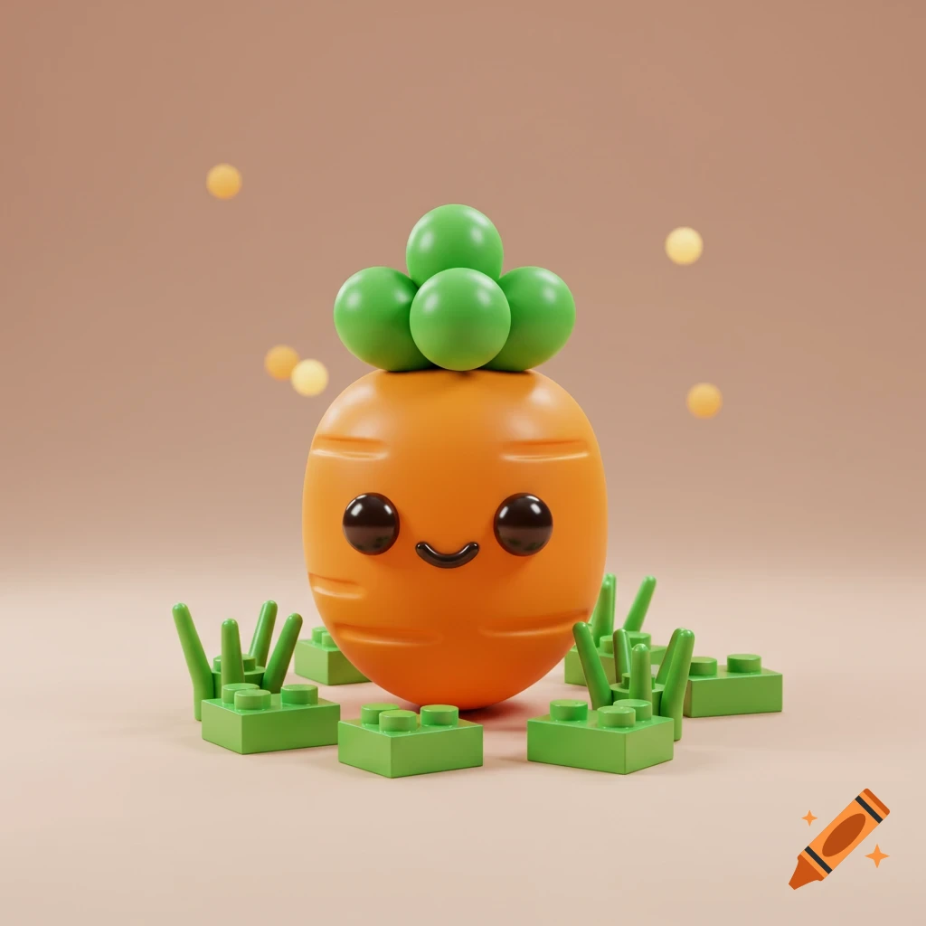 A cute 3D rendered carrot character with green sphere leaves and Lego bricks around its base.